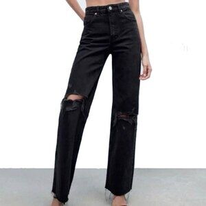 Zara High Rise Distressed Wide Leg Jeans 6 Black 34" Inseam Frayed Hems